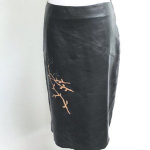 bcbgmaxazria black leather embroidered straight pencil skirt 4  laser cut New